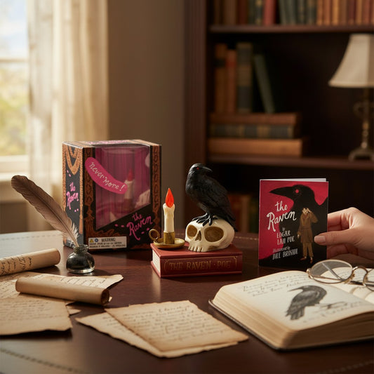 Mellow Monkey talking raven figurine on a skull with a mini book of Edgar Allan Poe's poem on a desk