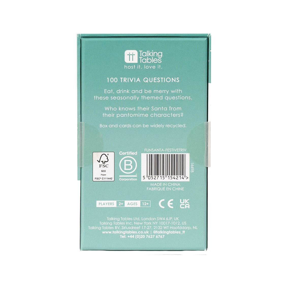 Mellow Monkey Talking Tables festive trivia game box back with 100 holiday questions and recyclable paper packaging.