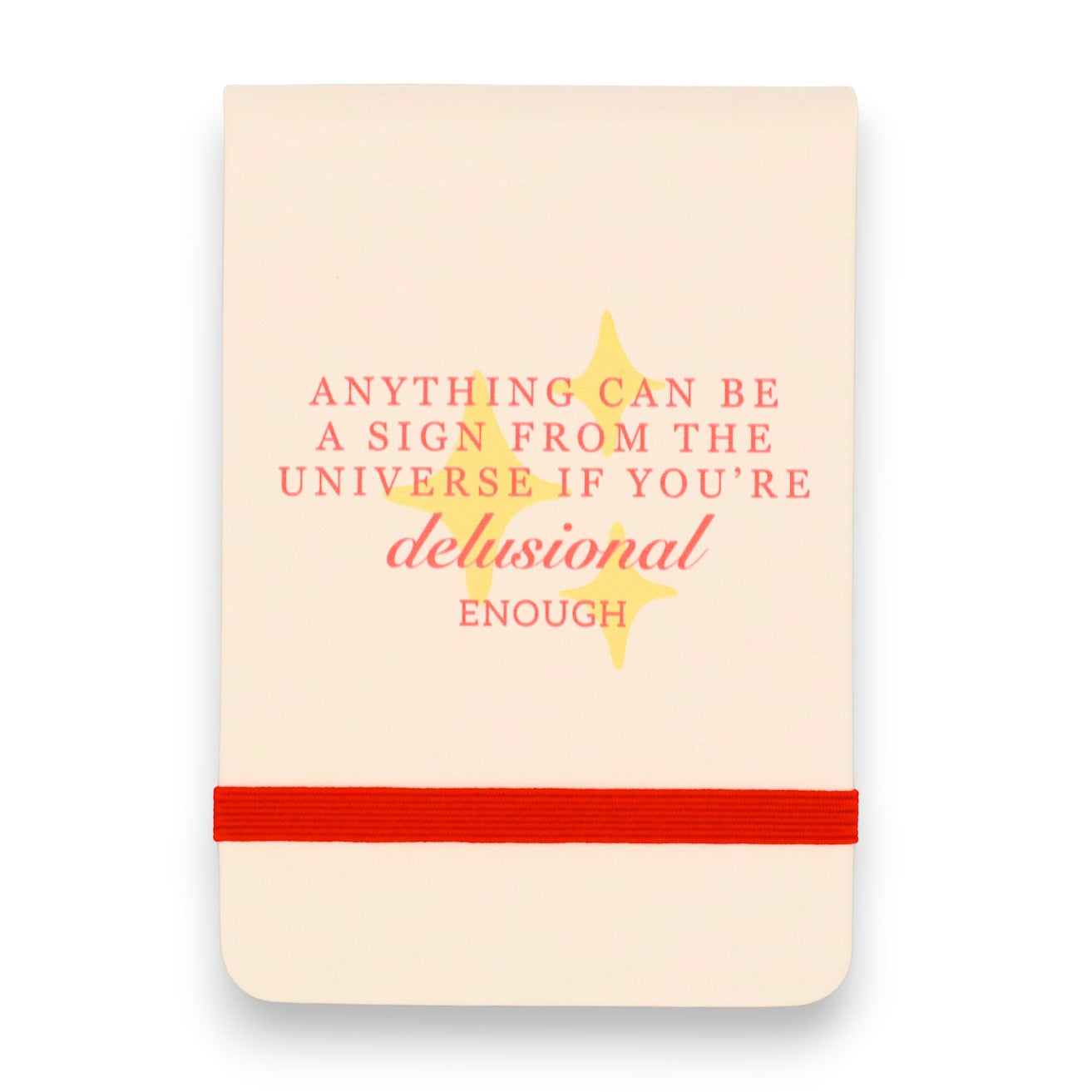 Mellow Monkey tan leatherette pocket journal with red embossed text and elastic closure strap.