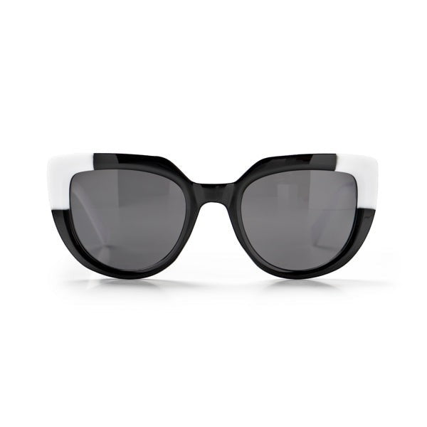 Mellow Monkey Tanning at Tiffany's black and white cat-eye sunglasses with UV protected lenses.
