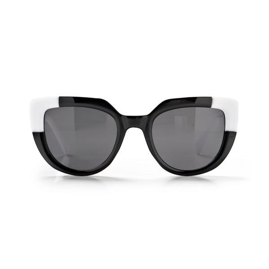 Mellow Monkey Tanning at Tiffany's black and white cat-eye sunglasses with UV protected lenses.
