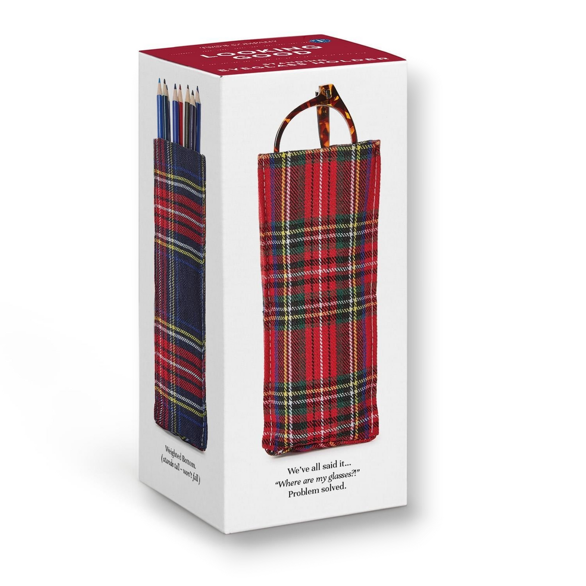 Mellow Monkey tartan plaid triangular weighted eyeglass holder in red, green, and yellow fabric on product packaging.