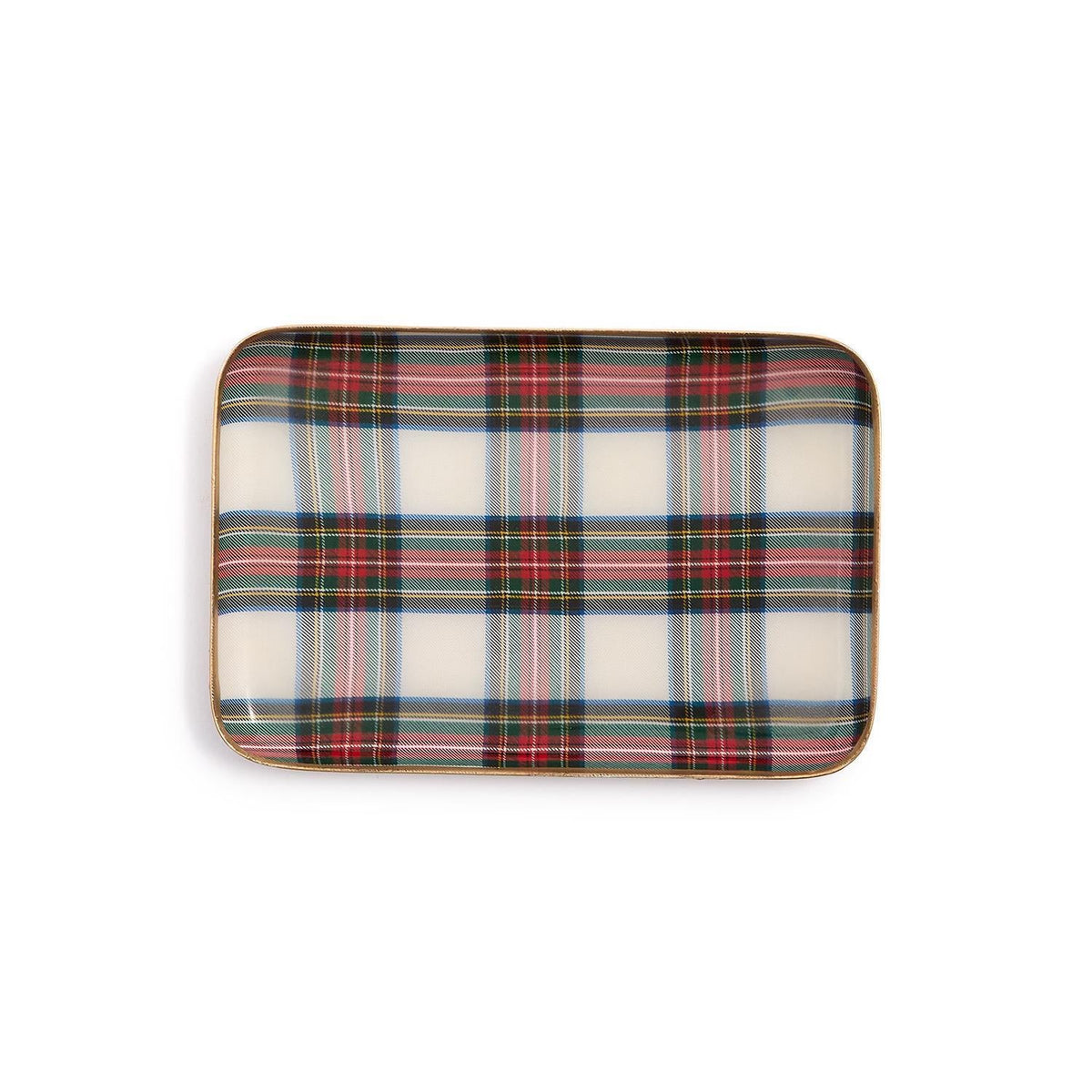 Mellow Monkey rectangular metal tray featuring a festive cream, red, and green Campbell tartan plaid pattern.