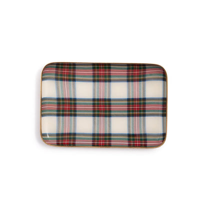 Mellow Monkey rectangular metal tray featuring a festive cream, red, and green Campbell tartan plaid pattern.