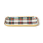 Mellow Monkey rectangular metal tray featuring a classic white, red, and green tartan plaid pattern with gold edges.