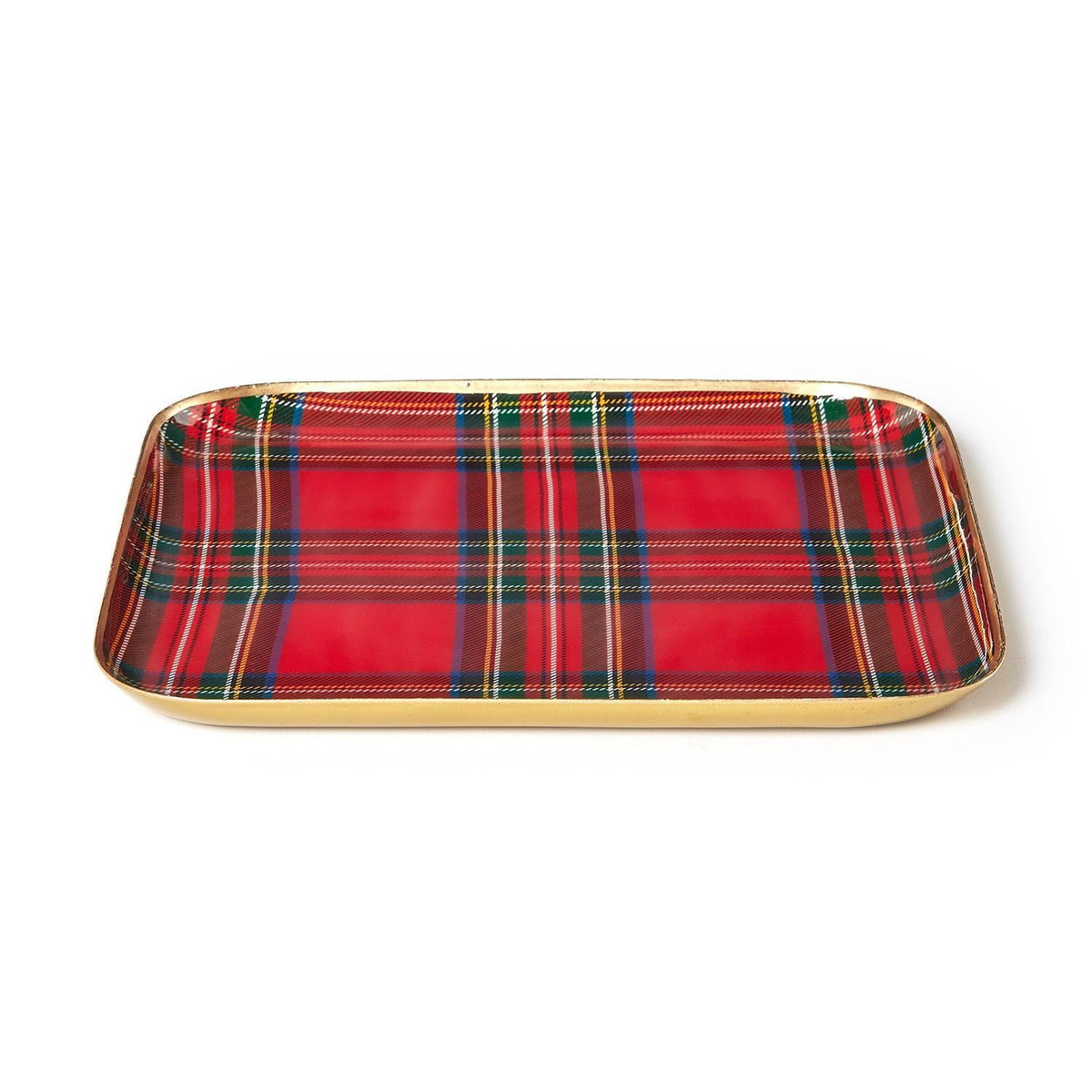 Mellow Monkey rectangular metal tray featuring a festive red Royal Stewart tartan plaid pattern with gold trim.