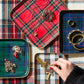 Mellow Monkey decorative metal trays in assorted tartan plaid patterns holding holiday jewelry and keys