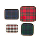 Mellow Monkey set of four decorative metal trays featuring various Scottish tartan plaid patterns in red, blue, and white