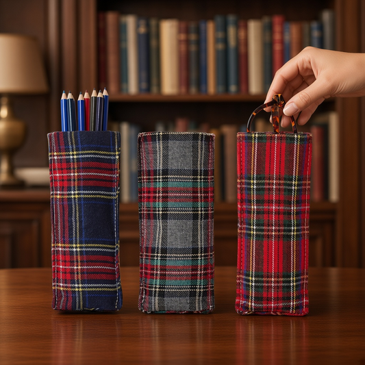 Mellow Monkey tartan plaid triangular weighted eyeglass holders in three different fabric patterns on a wooden desk.