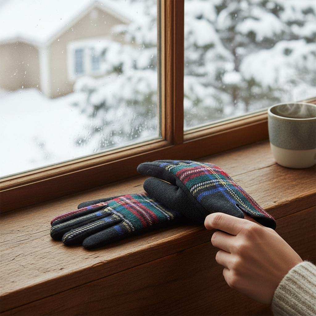 Mellow Monkey red and black tartan plaid winter gloves with microsuede palms resting on a snowy windowsill.