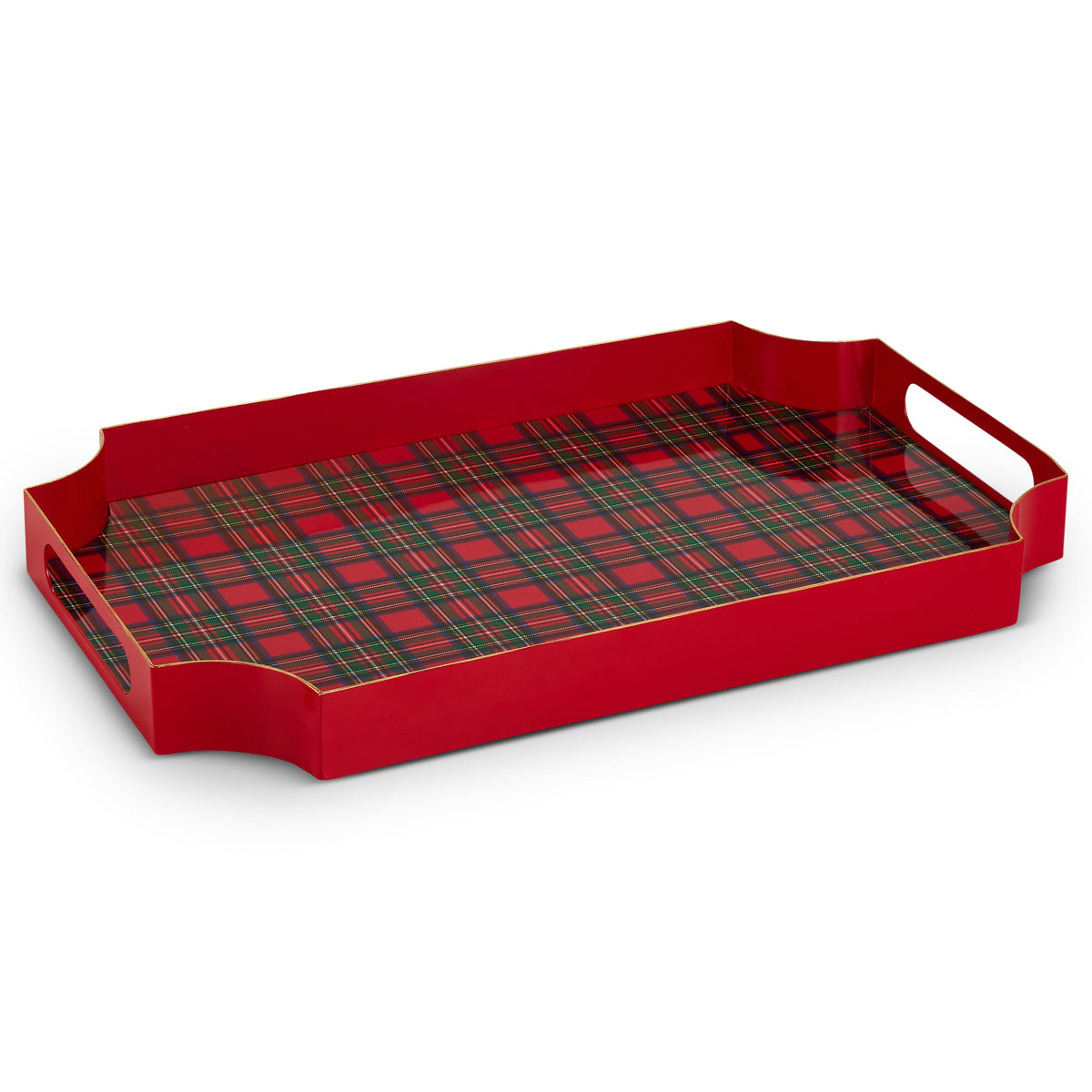 Mellow Monkey 16-inch rectangular iron tray featuring a festive red and green tartan plaid pattern with side handles.