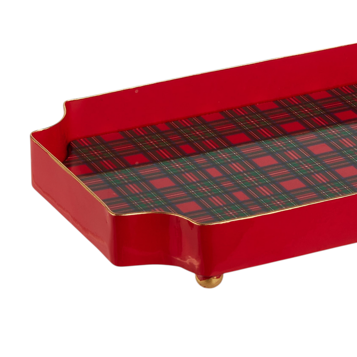 Mellow Monkey 7-inch iron trinket tray featuring a festive red and green tartan plaid pattern with gold trim.