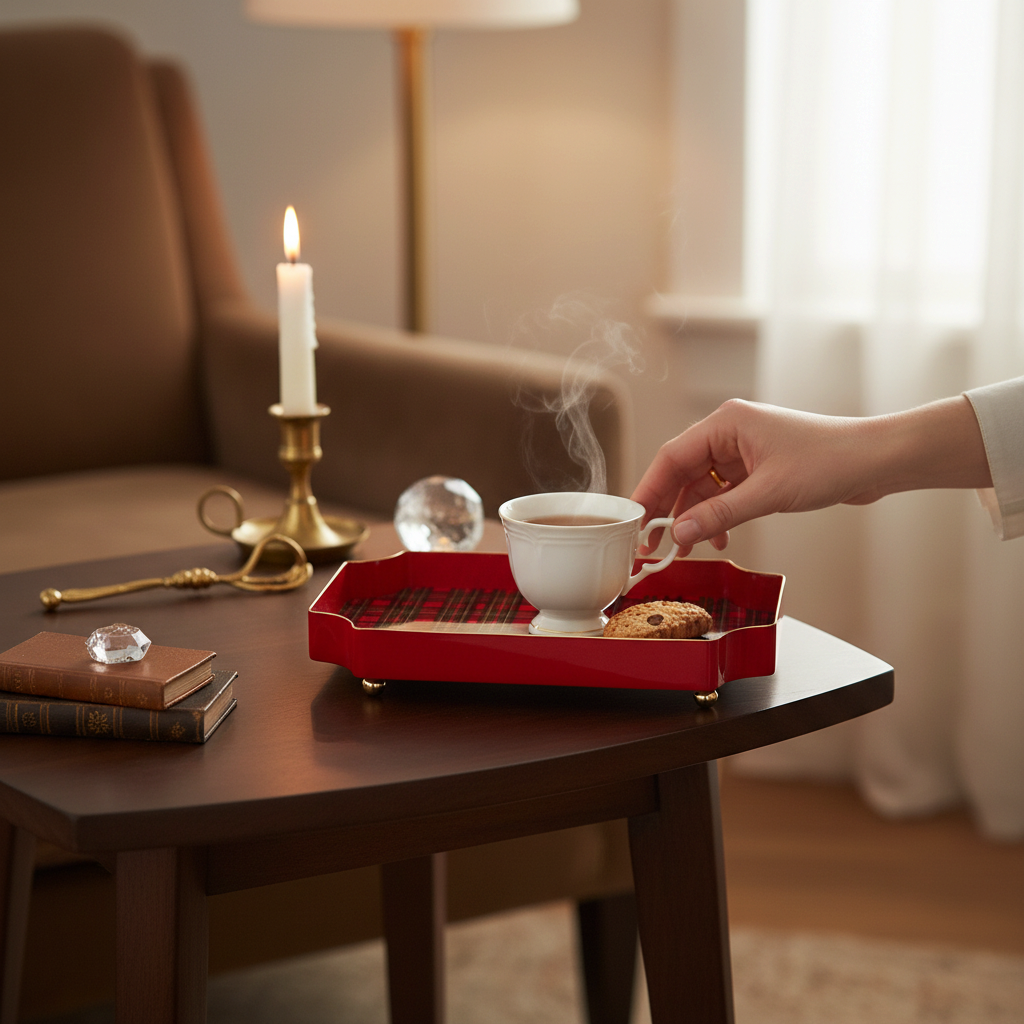 Mellow Monkey 7-inch red iron trinket tray with a festive tartan plaid pattern on a dark wooden side table.
