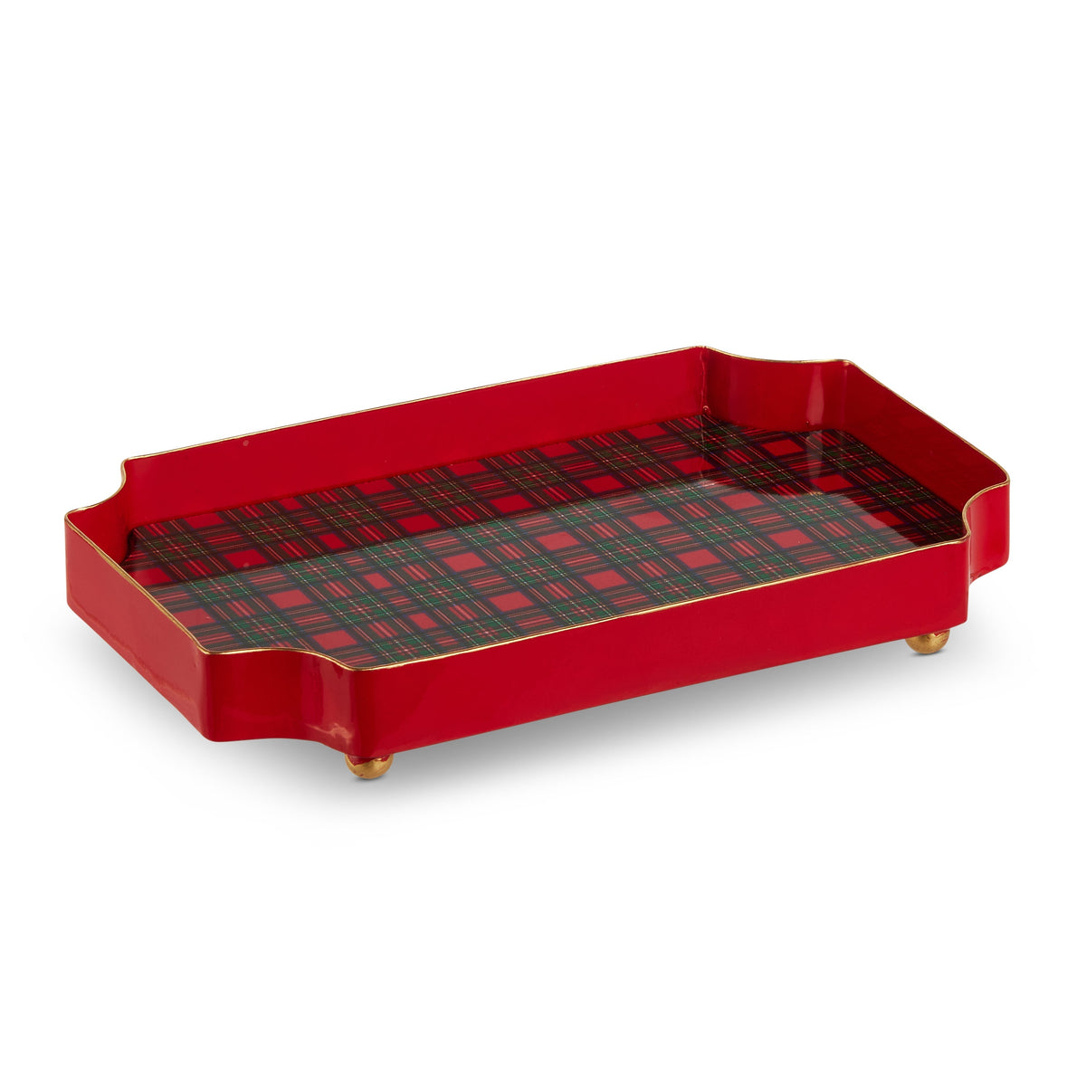 Mellow Monkey 7-inch rectangular iron trinket tray featuring a festive red and green tartan plaid pattern