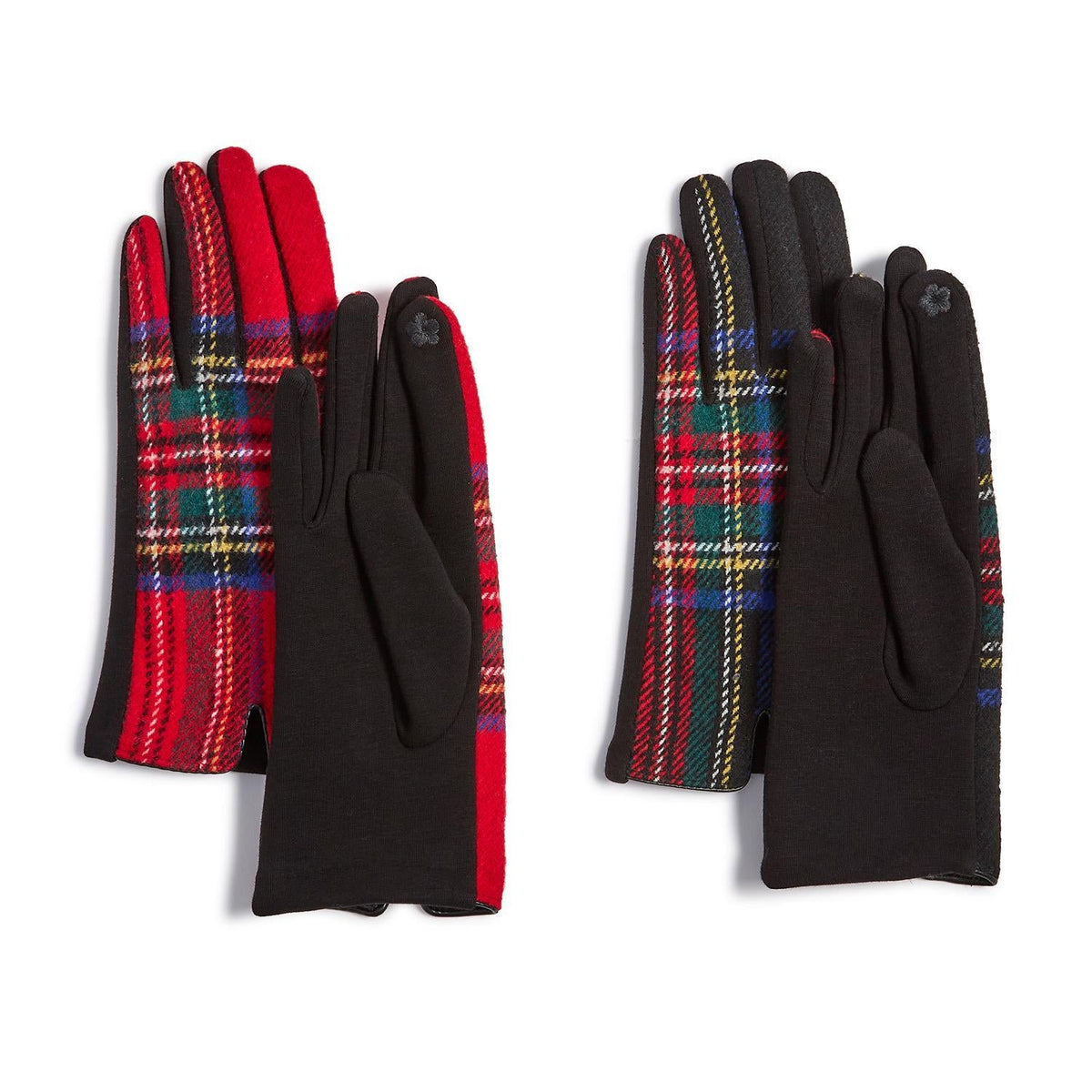 Mellow Monkey royal tartan gloves in red and black plaid with microsuede palms and touchscreen compatible fingertips