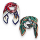 Mellow Monkey silky tartan scarves in red and green plaid with equestrian-inspired chain and buckle print details.