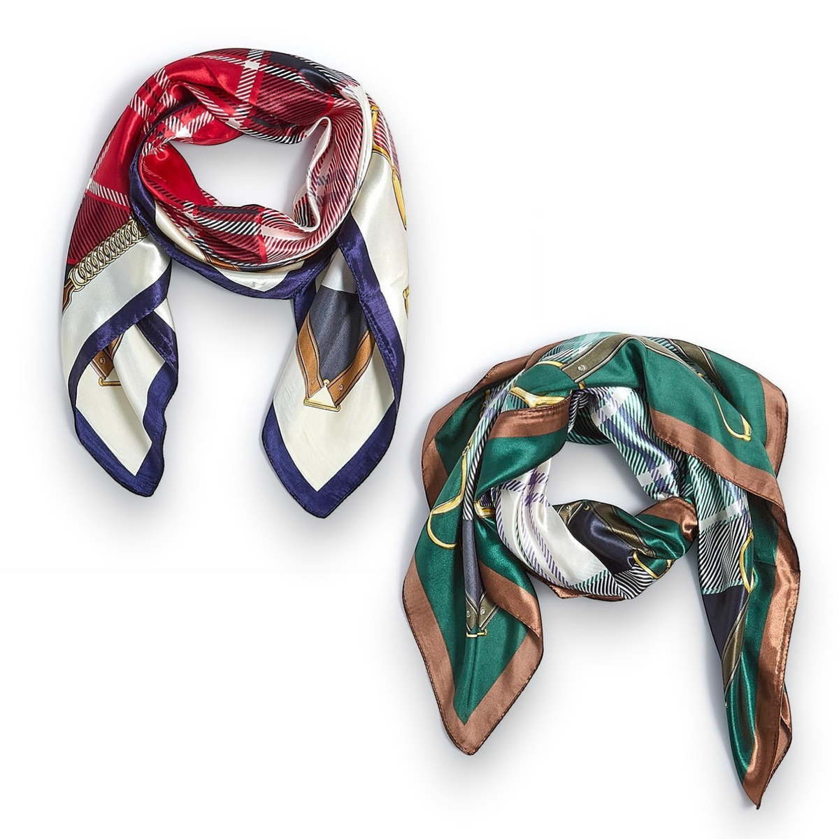 Mellow Monkey silky tartan scarves in red and green plaid with equestrian-inspired chain and buckle print details.