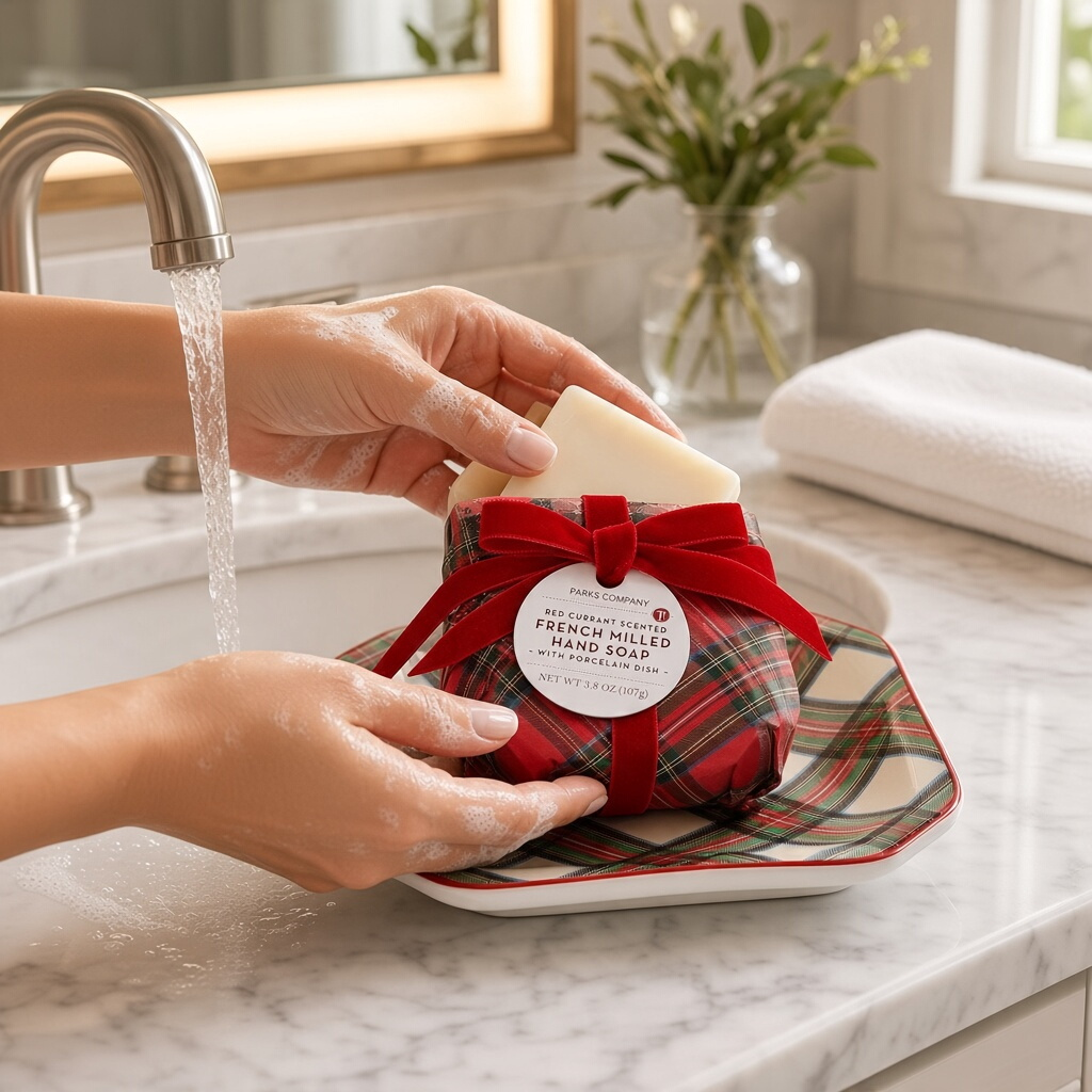 Mellow Monkey red currant scented French milled soap wrapped in tartan paper with a matching porcelain tray