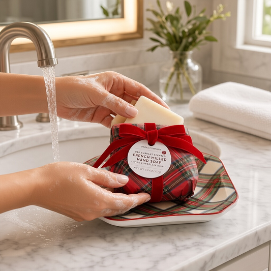 Mellow Monkey red currant scented French milled soap wrapped in tartan paper with a matching porcelain tray