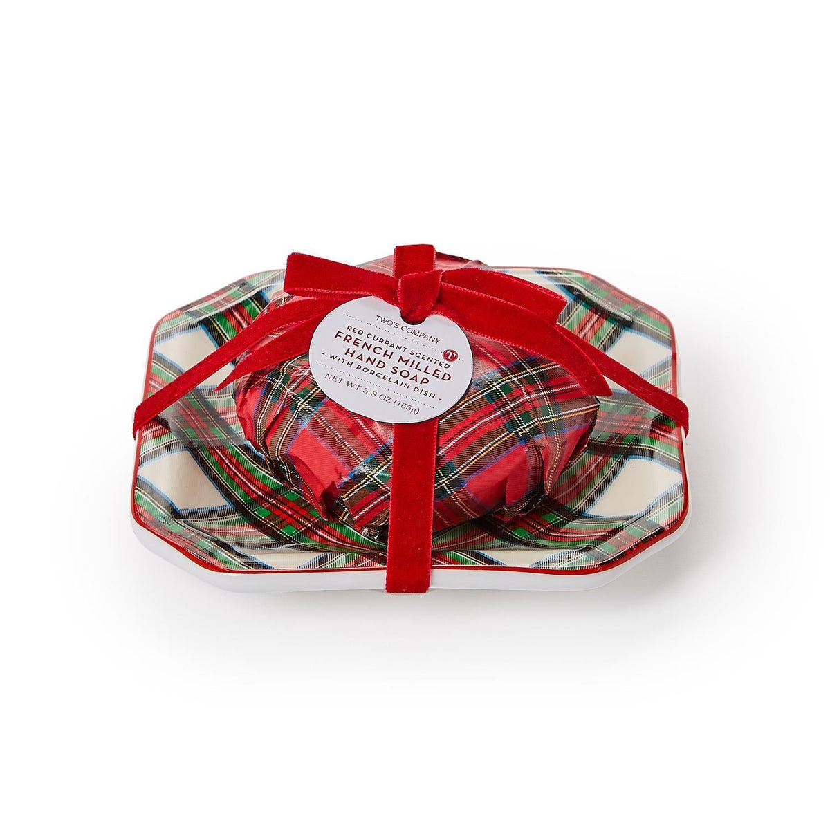 Mellow Monkey red currant scented French milled soap wrapped in tartan paper on a matching porcelain tray with red bow