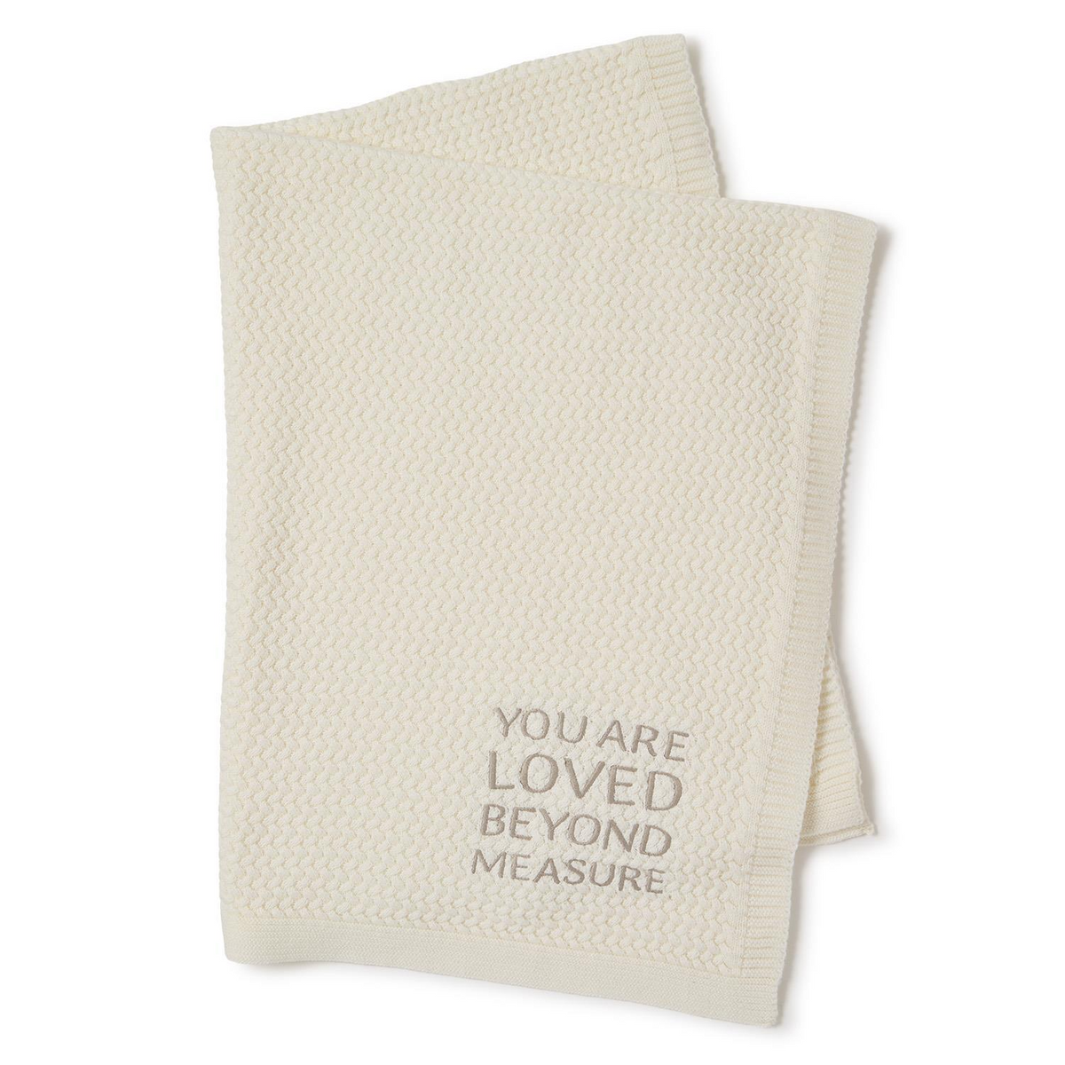 Mellow Monkey taupe soft knit cotton baby blanket featuring the embroidered text You Are Loved Beyond Measure