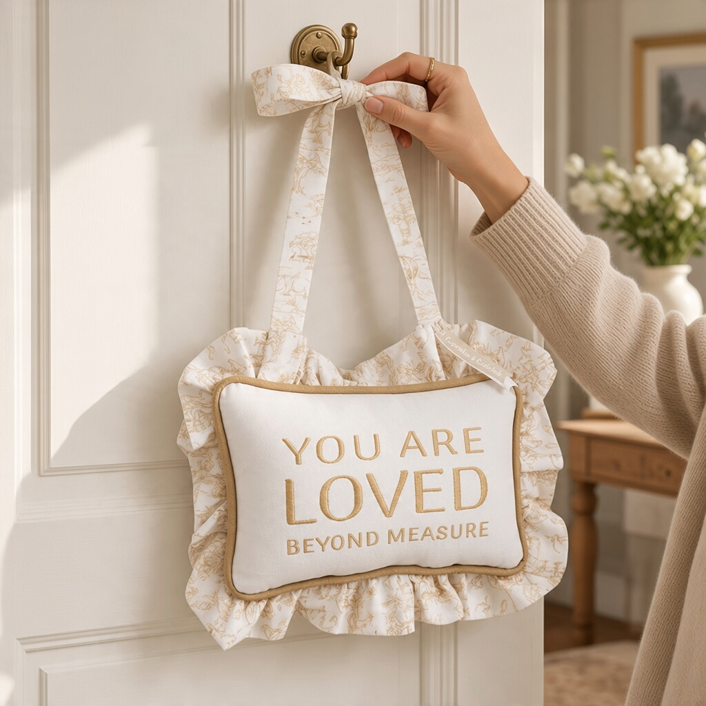 Mellow Monkey taupe embroidered ruffle door hanger with safari toile pattern hanging on a nursery door.