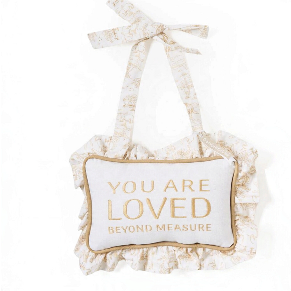 Mellow Monkey taupe embroidered door hanger with safari toile ruffle trim and You Are Loved Beyond Measure text