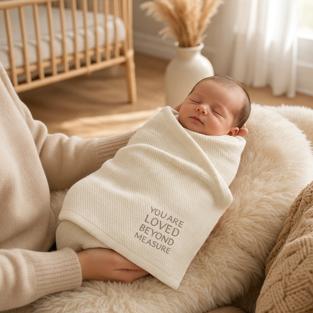Mellow Monkey taupe soft knit cotton baby blanket with You Are Loved Beyond Measure text, swaddling a newborn baby.