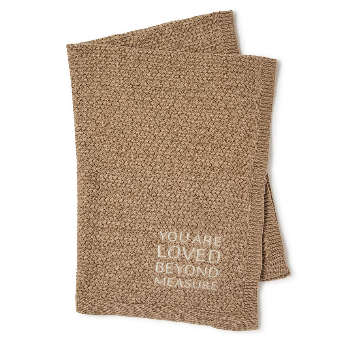 Mellow Monkey taupe soft cotton knit baby blanket featuring the embroidered text You Are Loved Beyond Measure