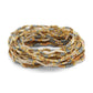 Mellow Monkey stretch seed bead bracelets in taupe, peach, and grey with 18k gold-plated brass accents.
