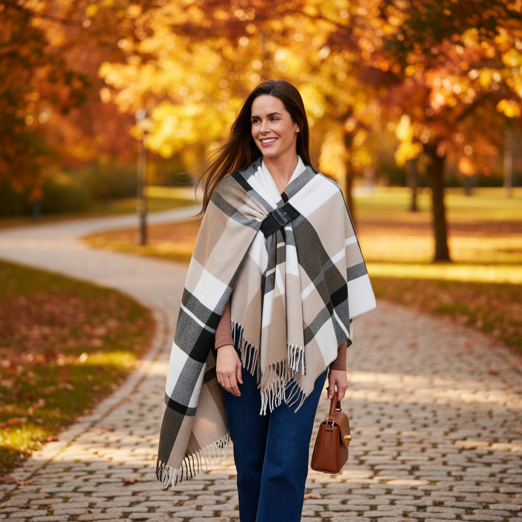 Mellow Monkey Alora taupe plaid wrap with fringed edges and front loop closure worn by a woman in an autumn park