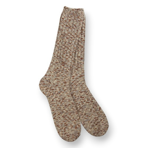 Mellow Monkey taupe ragg wool crew socks with a soft, vintage-inspired ribbed knit texture.