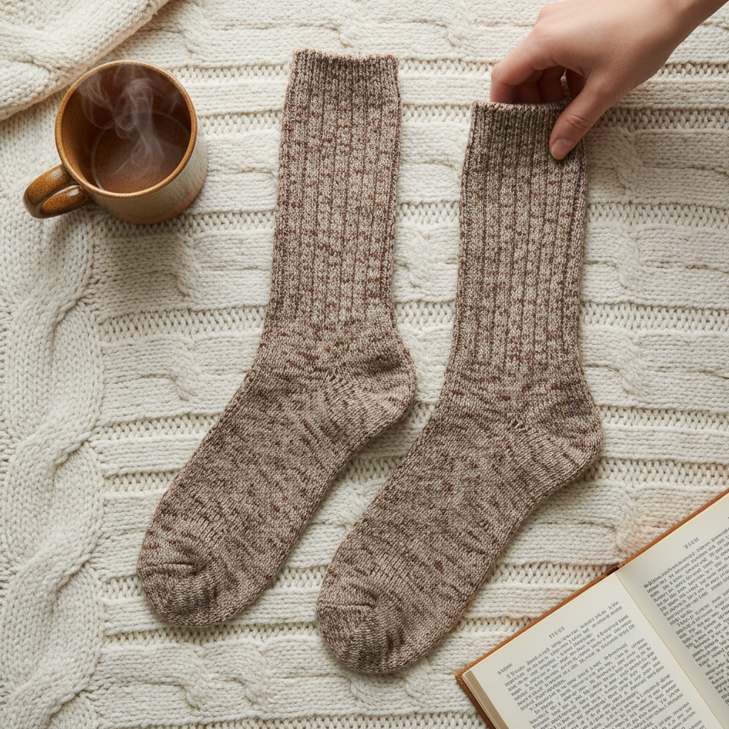 Mellow Monkey taupe ragg wool crew socks with a ribbed texture, laid on a cream cable knit blanket with a book and mug.
