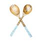 Mellow Monkey light stained teak wood salad servers with mother of pearl inlay handles, set of two.