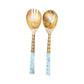 Mellow Monkey light stained teak wood salad servers with mother of pearl inlay handles, set of two.