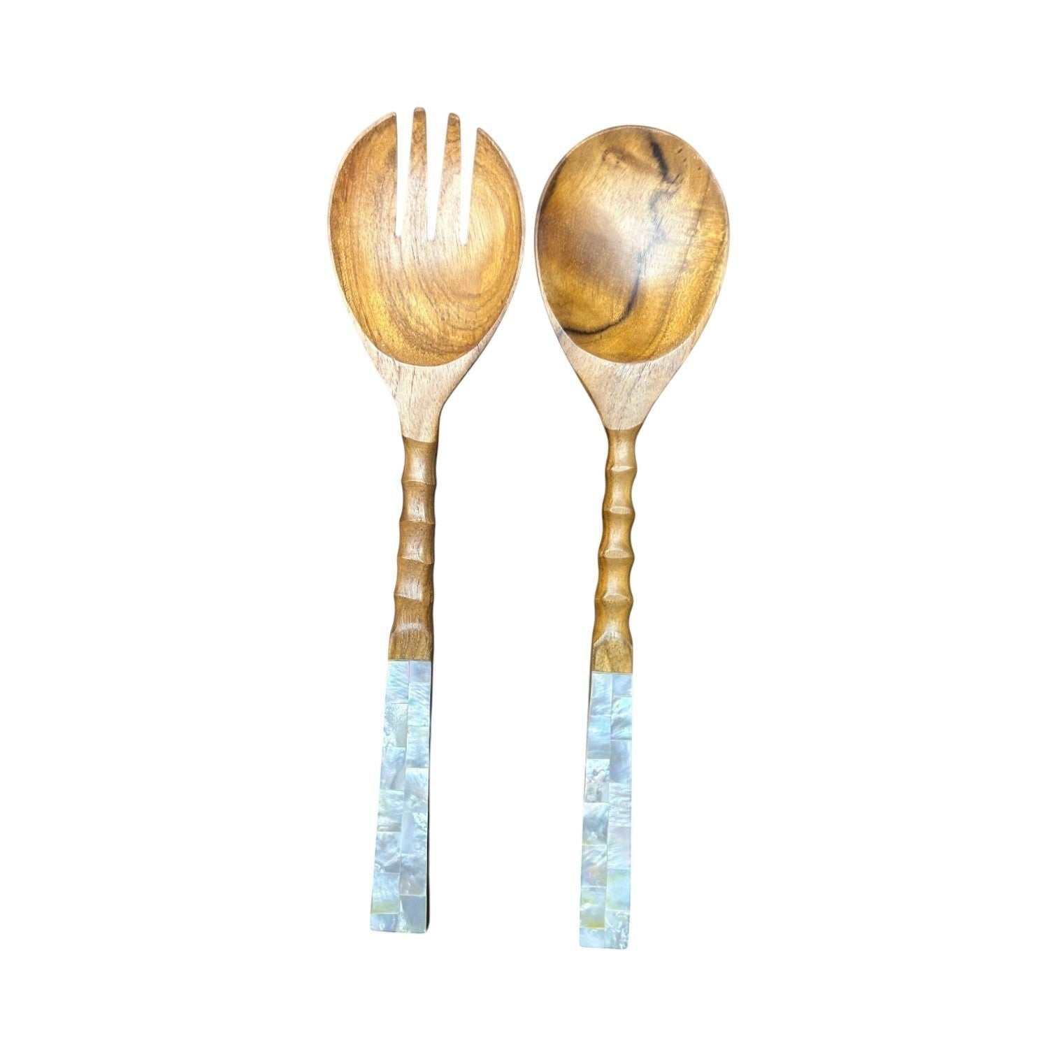 Mellow Monkey light stained teak wood salad servers with mother of pearl inlay handles, set of two.
