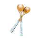 Mellow Monkey light stained teak wood salad servers with mother of pearl inlay handles, set of two.