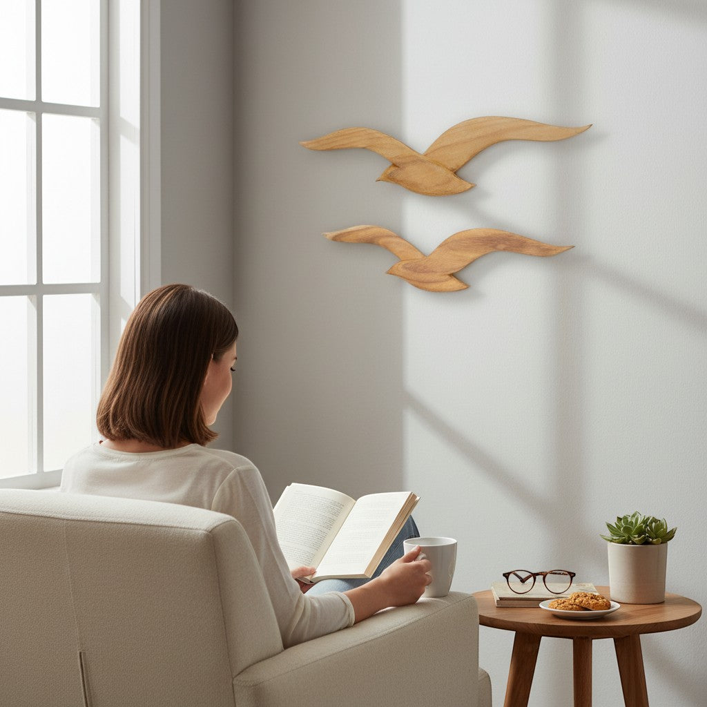 Mellow Monkey pair of hand-carved teakwood seabird wall art, natural wood grain, rustic elegance.