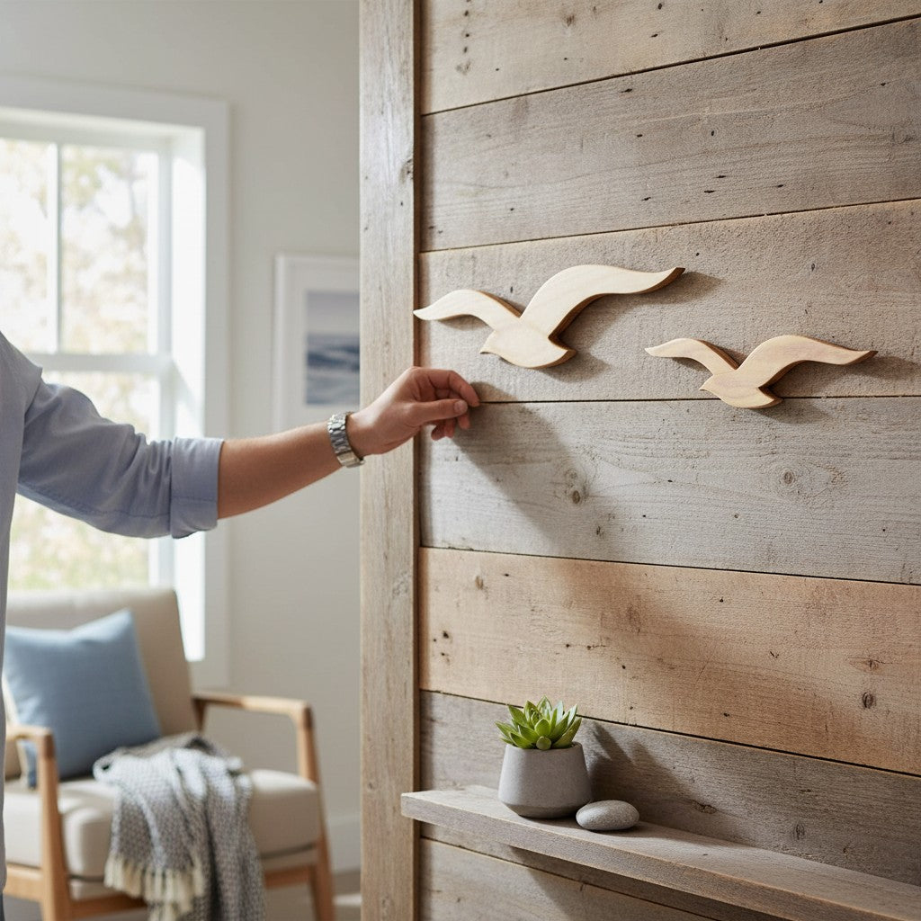 Mellow Monkey pair of hand-carved teakwood seabirds wall art, natural wood grain, rustic elegance.