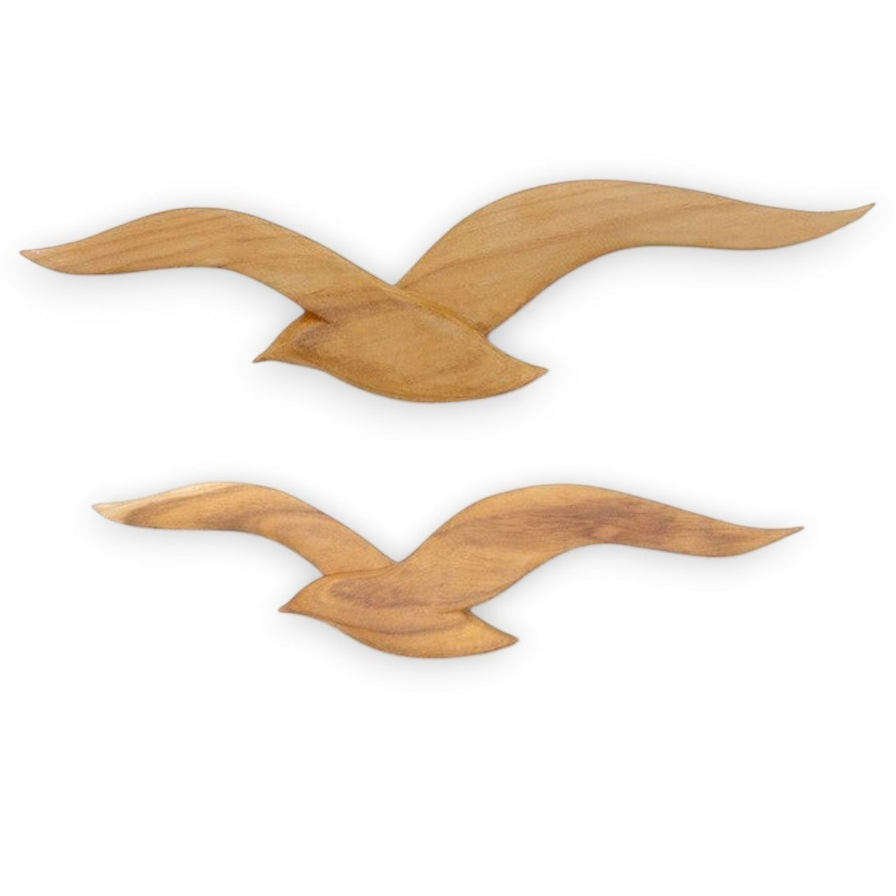 Mellow Monkey pair of hand-carved teakwood seabirds wall art, natural wood grain, rustic elegance.