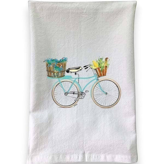 Mellow Monkey Teal Bike Crabs & Corn Flour Sack Towel, 100% cotton, 27" x 27", hemmed on all sides with hanging loop.