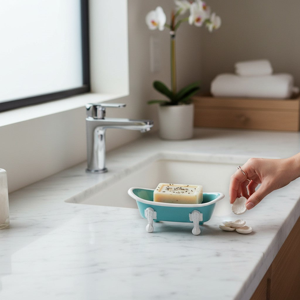 Mellow Monkey teal iron bathtub soap dish with white rim and feet, 5-3/4-in