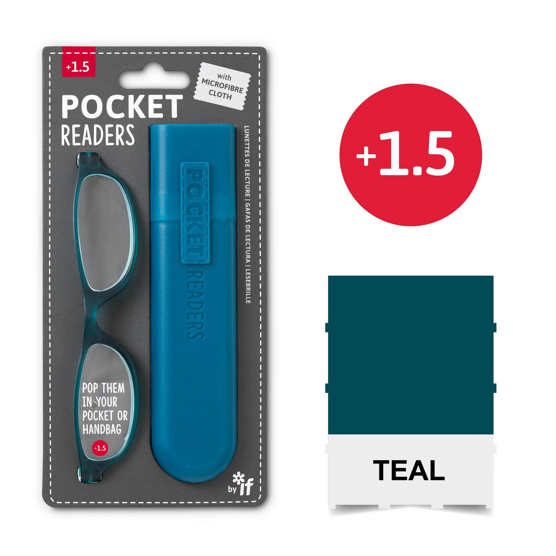 Mellow Monkey teal pocket reading glasses with protective case and microfibre cloth in retail packaging
