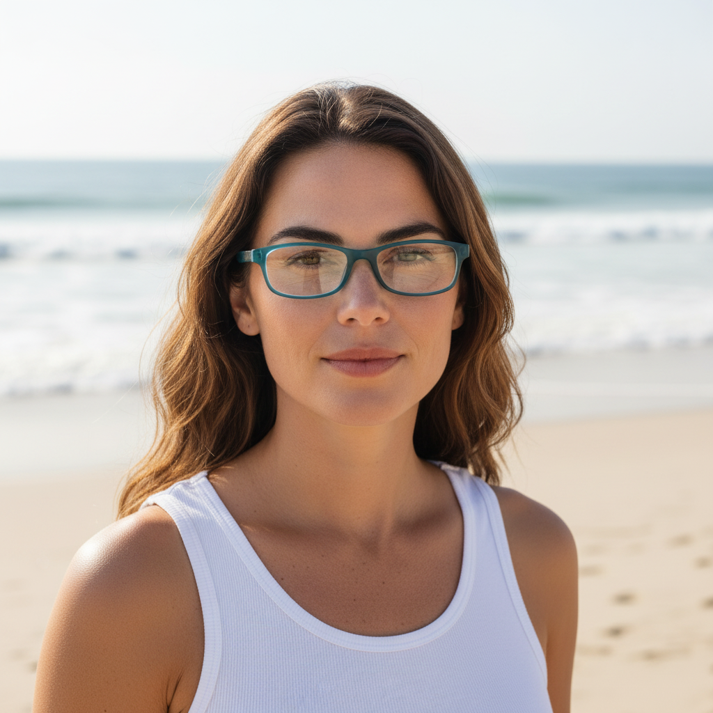 Mellow Monkey teal pocket reading glasses worn by a woman on a sunny beach