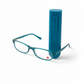 Mellow Monkey teal pocket reading glasses with a matching compact protective case on a white background