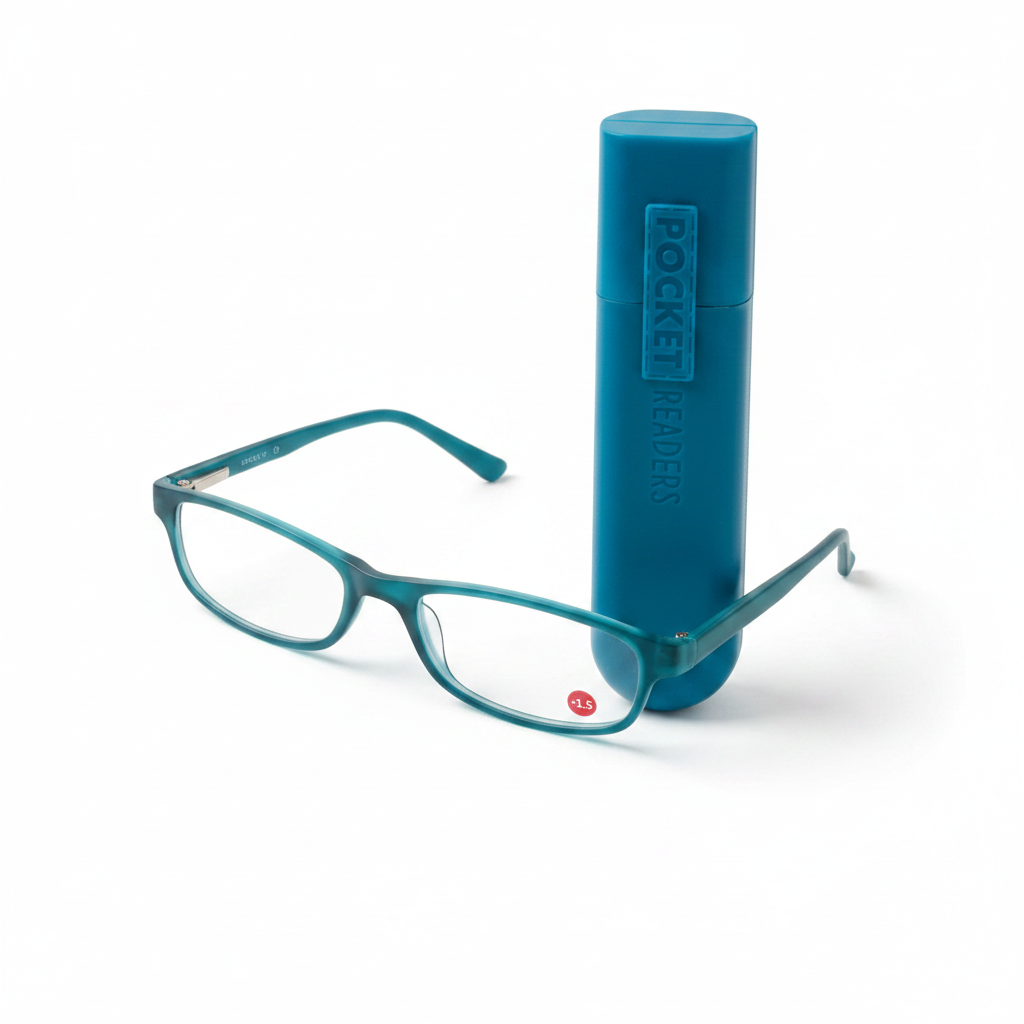 Mellow Monkey teal pocket reading glasses with a matching compact protective case on a white background