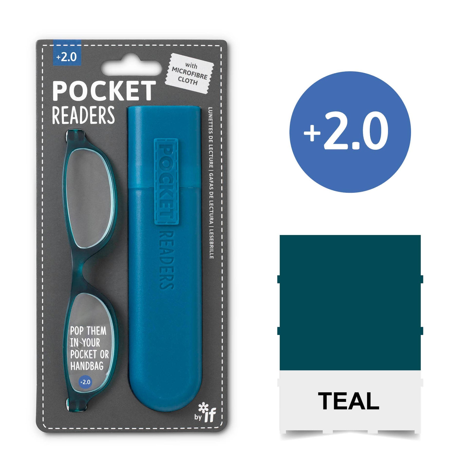 Mellow Monkey teal pocket reading glasses with a matching protective case and microfibre cloth in retail packaging.