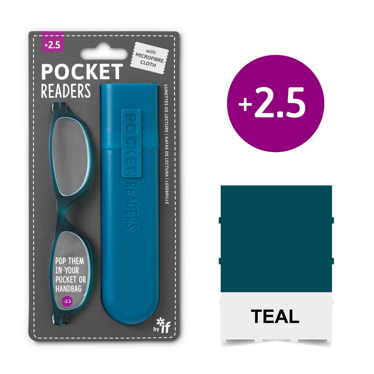 Mellow Monkey teal pocket reading glasses with matching protective case and microfibre cloth in retail packaging