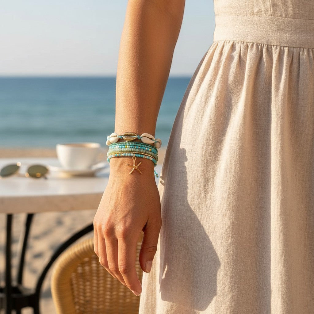 Mellow Monkey teal beaded bracelet set with seashell and gold starfish charms worn on a beach.