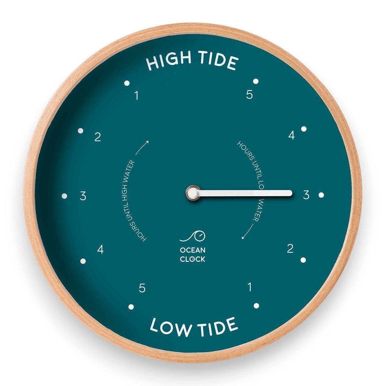 Mellow Monkey Peacock Wood Sailor Tide Clock, 12-in, teal face with white hands and markings indicating high and low tide.